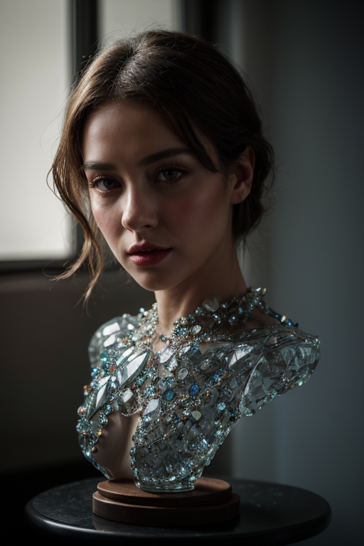 Colorful crystal cluster with light melding together to forming a human girls face and bust, skin made out of crystal formations, living crystal. photo, studio lighting, sony a7, 35mm, best quality, masterpiece, 8k, uhd, hyperrealistic, big depth of field, concept art, colors, hyperdetailed, hyperrealistic, (big depth of field), (moody lighting), (ambient light), ((cinematic)), <lora:add_detail:0.6>, <lora:uzaa:0.5>