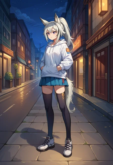 score_9, score_8_up, source_anime, 1girl, solo, GraniArk, animal ears, long hair, high ponytail, streaked hair, tail, white hoodie, outdoors, night, street, lamppost, hands in pockets, full body, black thighhighs, shoes, skirt, <lora:ChamGraniArknightsPonyXL:1>