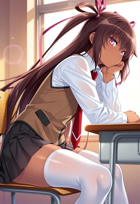 masterpiece, absurdres, highres, 1girl, c-mizuki, purple eyes, very long hair, brown hair, two side up, hair ribbon, one-piece tan, white collared shirt, red necktie, long sleeves, brown vest, black pleated skirt, white thighhighs, indoors, school, desk, chair, sitting, sitting on chair, arm support, lens flare, from side, head rest, looking at viewer, from below