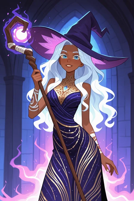 witch, dark purple witch hat, dark skin, wavy hair, white hair, white eyelashes, blue eyes, dark purple with golden patterns dress, holding staff in dynamic pose, magical aura, casts magic, shiny,
detailed, details,
ch1ldcn, <lora:ChildCartoon-illustrious:1>