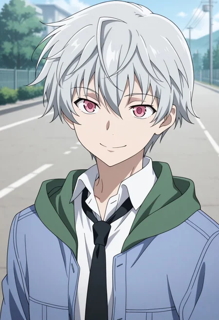 masterpiece,best quality,amazing quality, source_anime,
aruakise, 1boy, male focus, solo, pink eyes, grey hair, shirt, white shirt, collared shirt, black necktie, jacket, blue jacket, green hood, open jacket, smile, outdoor,