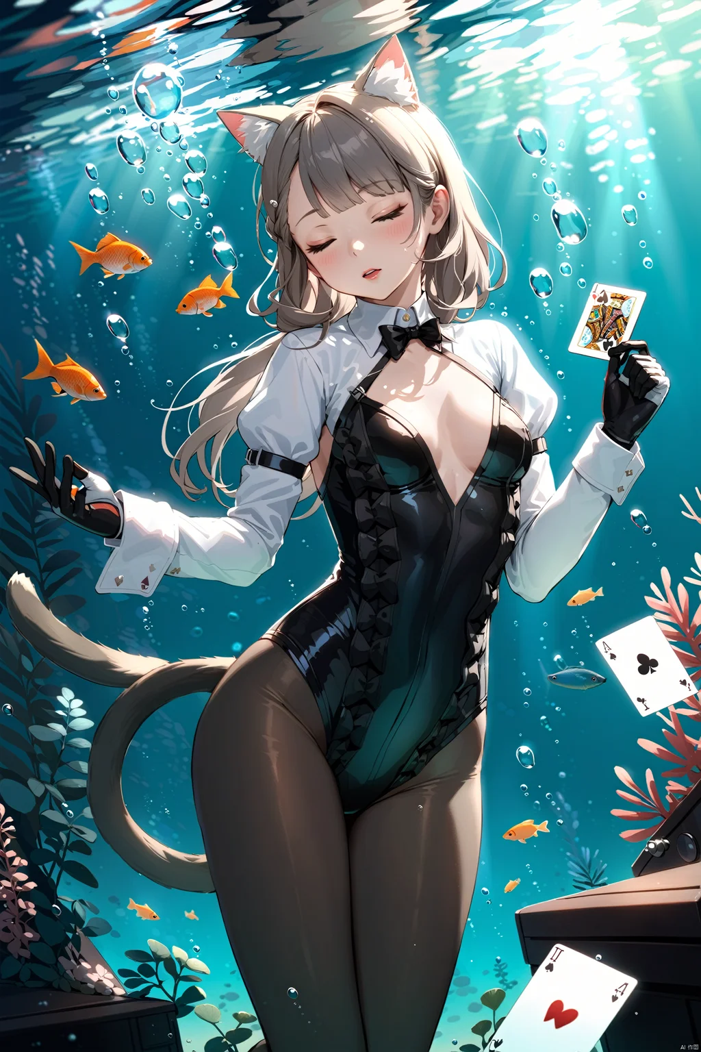 masterpiece, best quality,8K,detailed,(good hands:0.5),
1girl, animal ears, cat ears, solo, pantyhose, closed eyes, underwater, card, fish, bow, long hair, frilled leotard, gloves, air bubble, long sleeves, cat girl, bubble, black pantyhose, leotard, breasts, black gloves, parted lips, frills, black leotard, cat tail, submerged, two-tone gloves, animal ear fluff, small breasts, playing card, cowboy shot, star \(symbol\), hands up,lnt, def clothe,
<lora:EMS-330674-EMS:0.700000>