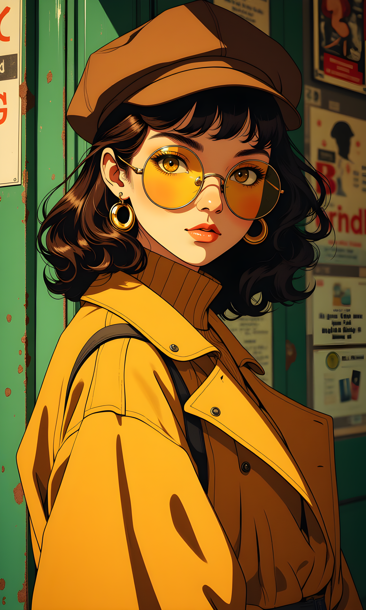 Stylish and fashionable scene featuring a woman with a vintage-inspired look. The camera is positioned at eye level, providing a direct and engaging perspective of the subject. The angle is slightly angled to her left, allowing for a clear view of her face and outfit while also capturing the background details. 
The lighting in the image is soft and diffused, likely from natural light coming through a window or an open door. The light type appears to be natural daylight, which creates a warm and inviting atmosphere. The light direction is from the front-left side of the subject, casting gentle shadows that highlight the contours of her face and the texture of her clothing. 
The woman is looking directly at the camera, making eye contact with the viewer. Her expression is confident and poised, adding to the overall sense of style and elegance. She is wearing a brown beret, large round sunglasses with a yellow tint, and a mustard-yellow coat over a high-necked sweater. Her hair is styled in loose waves, framing her face beautifully. 
The background features a green wall with some posters or signs, suggesting an urban or street setting. The colors and textures in the background complement the subject's outfit, creating a harmonious and visually appealing composition. The overall mood of the image is one of confidence and fashion-forwardness, capturing a moment of everyday style in a city environment. 
BREAK anime, d13s3lp2nk, bboil artist style, OBdonman, <lora:FLUX\Synesthesia:0.2>, <lora:FLUX\RetroAnimeS1.1:0.4>, <lora:FLUX\Flux-jijia:0.1>, <lora:FLUX\It's a LoRA for portraits, BUT! actually specialized in backgrounds. v1.0:0.1>, <lora:FLUX\GLSHS:0.2>, <lora:FLUX\Dieselpunk Delight - s0_9 g4:0.4>, <lora:FLUX\OBdonman, anime0style portrait:0.1>