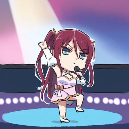 newest stylish, extreme aesthetic, 1girl, solo, BeatriceKushan, standing on one leg, dancing, arm above head, hand up, holding microphone, pink dress, juliet sleeves, bare shoulders, detached sleeves, two side up, looking at viewer, chibi, full body, xinzoruo, stage, screen, spotlight, <lora:Bea&KilaKushan-ilxi01:0.5>, <lora:XinzoruoStyle2_AnimagineXLv3:0.5>