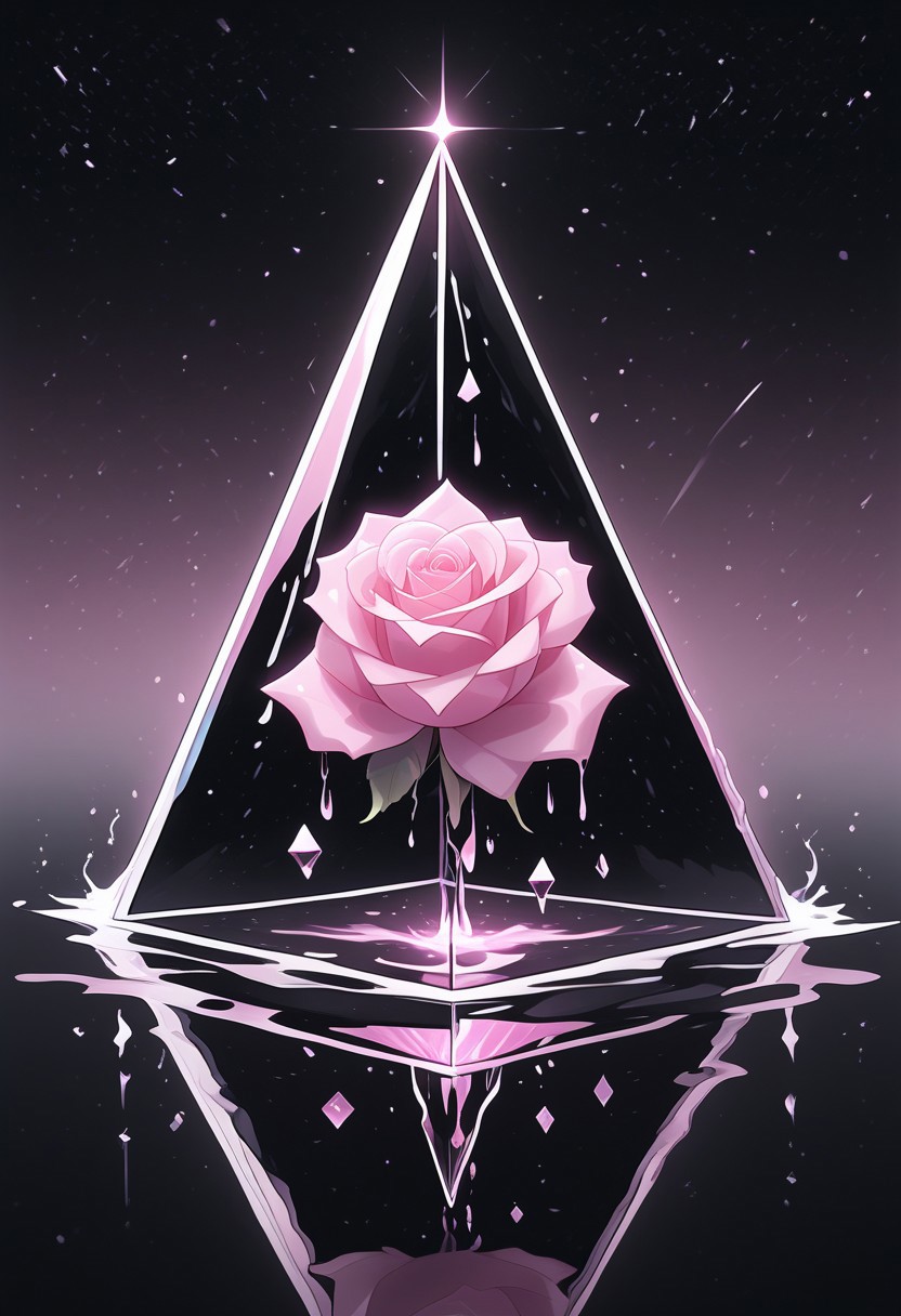 (masterpiece), best quality, Anime, Illustration, (Floating Pyramid, Crystal, Magic, Reflection, Melting, Dripping, Pink Rose), Black Background, No Humans, Starry Theme, (Light Refraction), White and Pink Theme, Natural Lighting, Verynsty