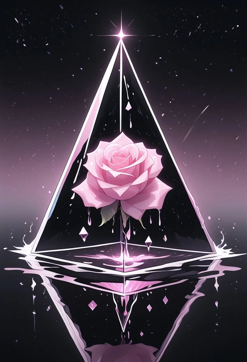 (masterpiece), best quality, Anime, Illustration, (Floating Pyramid, Crystal, Magic, Reflection, Melting, Dripping, Pink Rose), Black Background, No Humans, Starry Theme, (Light Refraction), White and Pink Theme, Natural Lighting, Verynsty