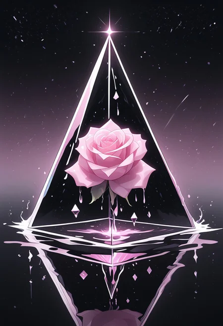 (masterpiece), best quality, Anime, Illustration, (Floating Pyramid, Crystal, Magic, Reflection, Melting, Dripping, Pink Rose), Black Background, No Humans, Starry Theme, (Light Refraction), White and Pink Theme, Natural Lighting, Verynsty
