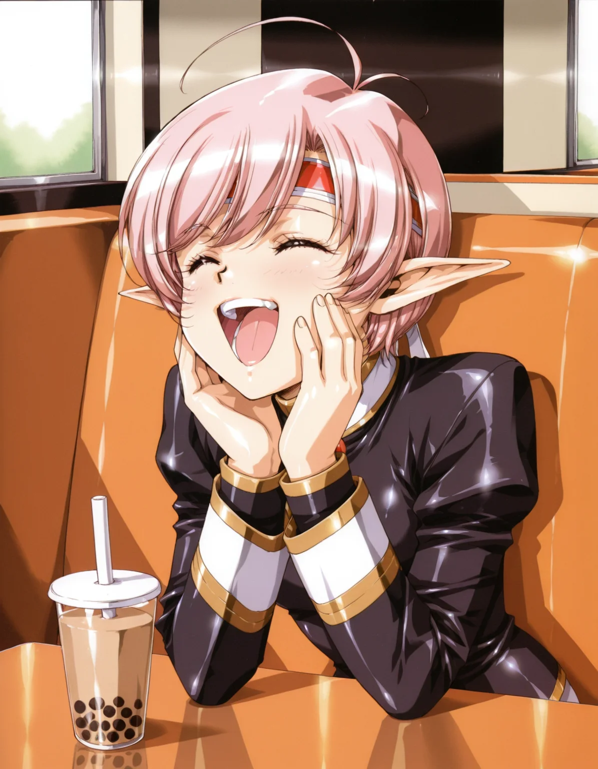 <lora:tippi-v2-illustrious-000134:0.9> tippi, headband, juliet sleeves, black shirt,
1girl, solo, closed eyes, laughing, bubble tea, booth seating, indoors, cafe