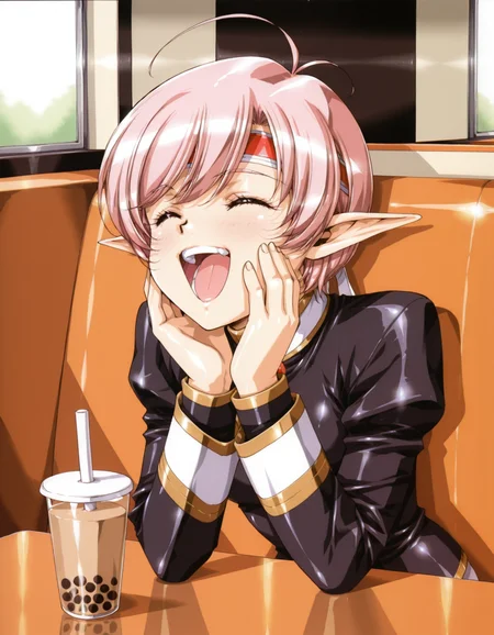 <lora:tippi-v2-illustrious-000134:0.9> tippi, headband, juliet sleeves, black shirt,
1girl, solo, closed eyes, laughing, bubble tea, booth seating, indoors, cafe