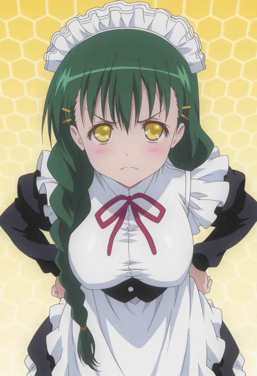 anime screencap, anime coloring, <lora:DX888Sanae:1> shikikagami sanae, yellow eyes, green hair, very long hair, single braid, hair over shoulder BREAK simple background, yellow background, (honeycomb background:1.2), BREAK maid, maid headdress, hairclip, long dress, apron, BREAK 1girl, angry, from above, hand on own hip, looking at viewer, solo, standing,