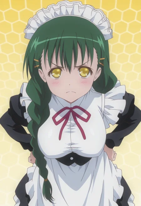 anime screencap, anime coloring, <lora:DX888Sanae:1> shikikagami sanae, yellow eyes, green hair, very long hair, single braid, hair over shoulder BREAK simple background, yellow  background, (honeycomb background:1.2),  BREAK   maid, maid headdress, hairclip, long dress, apron, BREAK    1girl, angry, from above, hand on own hip, looking at viewer,  solo, standing,