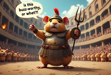 A scrappy, oversized guinea pig stands triumphantly in a grand coliseum, dressed in full gladiator regaliaâwell, as much as can fit his round, fluffy body. He wears a dented helmet with a little plume on top, comically large chest armor that slips slightly down his front, and tiny armored greaves strapped to his pudgy legs. In one paw, he wields a toy-sized trident, and in the other, a small, round shield emblazoned with a neon buzz emblem.
The guinea pig stands on his hind legs, arms open wide in a dramatic pose, facing the cheering crowd of tiny animals filling the stadium seats. His fur is slightly ruffled, and he has a fierce but slightly cross-eyed expression, adding a comical edge to his grand display.
A speech bubble rises above him, reading:
"Is this buzz-worthy, or what?!"
The whole scene is framed by the vast coliseum walls, torches flickering in the background, as the guinea pig gladiator soaks in the glory of his âbattleâ for buzz. The combination of epic gladiator style and the adorable but absurd guinea pig warrior makes for a hilariously endearing image.
