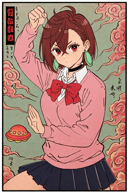 score_9, score_8_up, score_7_up, score_6_up, score_5_up, score_4_up,  <lora:ayase_momo-koto-Illustrious v01:0.8> ayasemomo, hair between eyes, crossed bangs, green earrings,  brown hair, red eyes, black choker, short hair, white shirt, red bowtie, pleated skirt,school uniform, pink cardigan, long sleeves, 1girl, solo, alone,  <lora:traditional_japanese_art_illustriousXL-000031:1>, traditional japanese art, fighting stance, masterpiece, highres , ufo