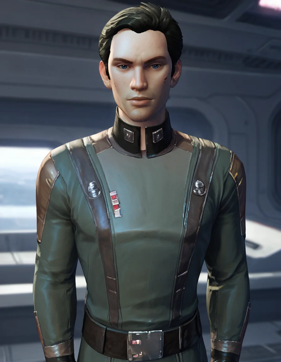 score_9, score_8_up, score_7_up, score_6_up, score_5_up, solo, male focus, star wars, spacecraft interior <lora:SWTOR_-_Quinn_-_Pony_2:0.8>, m_quinn, 1boy, black hair, blue eyes, black military jacket, gloves, belt, pants, upper body, looking at viewer, arms behind backâââ