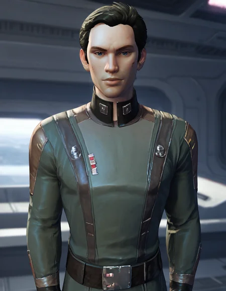 score_9, score_8_up, score_7_up, score_6_up, score_5_up, solo, male focus, star wars, spacecraft interior <lora:SWTOR_-_Quinn_-_Pony_2:0.8>, m_quinn, 1boy, black hair, blue eyes, black military jacket, gloves, belt, pants, upper body, looking at viewer, arms behind backâââ