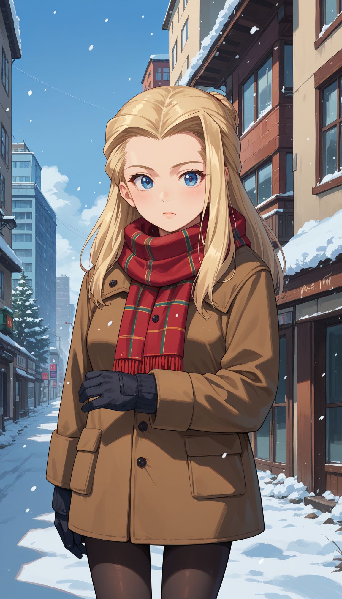 score_9, score_8_up, score_7_up, source_anime, ,
,   <lora:Gup Klara:1> 1girl, blonde hair, long hair, blue eyes, 
, winter clothes, scarf, gloves, black pantyhose, snow, outdoors, city, standing, cowboy shot