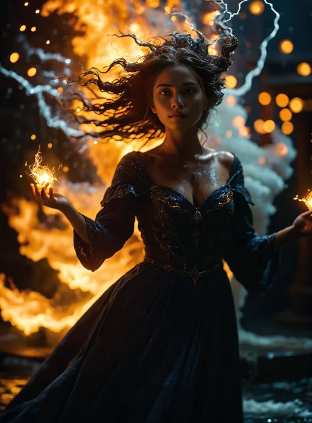 cinematic film still Photography,masterpiece,detailed,A captivating image of an elemental magician in their entirety,a 27-year-old woman,(Huge hair full of lightning bolts:1.1),(surrounded by a whirlpool of water (lightning discharges):1.1),(vortex flows:1.2),as they combine these elements into a spell of cosmic equilibrium,(She is clad in flowing robes whose color varies according to the elements),(and she stands at the apex where the four elemental planes intersect),(Complex details),eerie,(burning eyes:1.3),nightmarish,insane,brilliant,volumetric lighting,distinctive pose,dynamic posture,RTX,lifelike,<lora:add-detail-xl:1>,dark,<lora:zavy-cntrst-sdxl:0.7>,angry,shallow depth of field,vignette,highly detailed,high budget,bokeh,cinemascope,moody,epic,gorgeous,film grain,grainy,<lora:detailed_notrigger:0.7>,