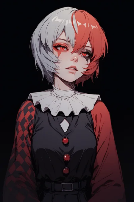 score_9, score_8_up, score_7_up,
<lora:Muff_PDXL-000000:1>, 1girl, split-color hair, half red half black color hair, two colors rhombic makeup, solo,
ayanami rei, 1girl, neck ruff, ruffled collar, two colors argyle sleeve, red sleeve, black romper,
cowboy shot, adult girl, 21 y.o., teen, <lora:Sinozick_Style_XL_Pony:1> sinozick style, dark theme, flat color, black background,
