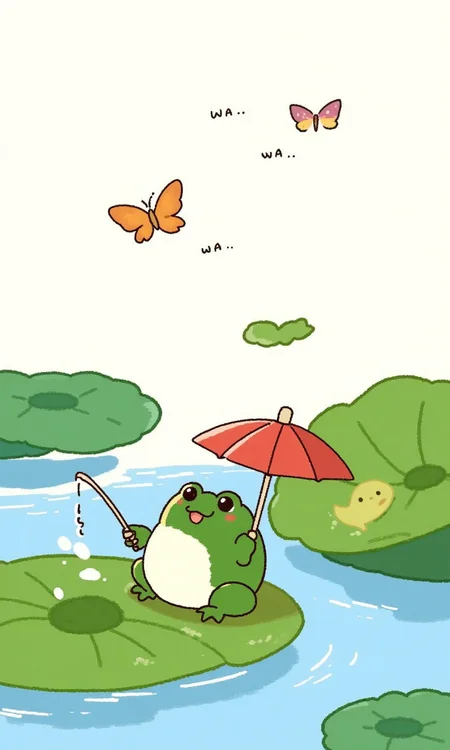 A frog is fishing on a lotus leaf. He is wearing a parasol. There are words "wa..wa.." in the sky. There are a few butterflies flying next to the words. <lora:flux-test\flux.1_lora_flyway_simple-illustration.safetensors:1.1:1.1>