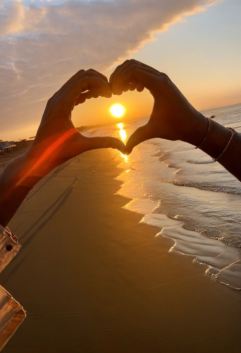F-B-C, POV, foreground: two hands in the shape of a heart  , background: sunset on the beach , effect: the sun is on the center of the heart
