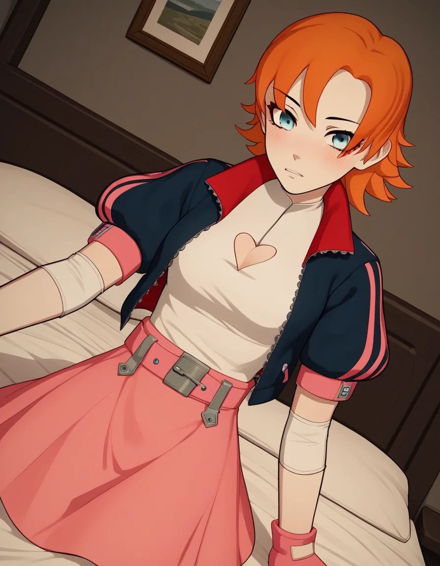 score_9, score_8_up, score_7_up, source_anime, <lora:nora-valkyrie-ponyxl-lora-nochekaiser:1>, nora valkyrie, blue eyes, medium hair, orange hair,, skirt, shirt, gloves, jacket, short sleeves, open clothes, puffy sleeves, belt, fingerless gloves, open jacket, puffy short sleeves, clothing cutout, cleavage cutout, pink skirt, pink gloves, heart cutout, indoors, bed, bed room, on side, blush, drunk, looking at viewer, solo, cowboy shot, dutch angle