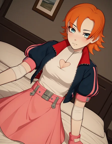 score_9, score_8_up, score_7_up, source_anime, <lora:nora-valkyrie-ponyxl-lora-nochekaiser:1>, nora valkyrie, blue eyes, medium hair, orange hair,, skirt, shirt, gloves, jacket, short sleeves, open clothes, puffy sleeves, belt, fingerless gloves, open jacket, puffy short sleeves, clothing cutout, cleavage cutout, pink skirt, pink gloves, heart cutout, indoors, bed, bed room, on side, blush, drunk, looking at viewer, solo, cowboy shot, dutch angle