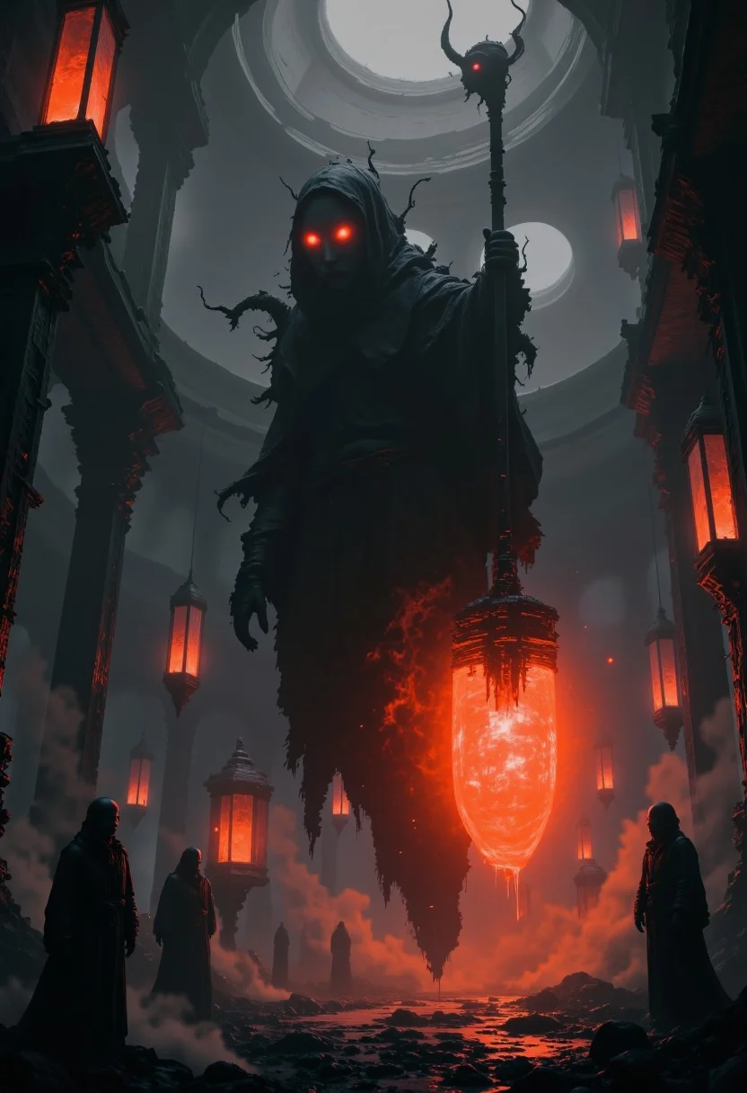slomesty, nelisty, A dark, ethereal lich spirit floats in a haunting void, its form barely visible, flickering with deep orange and red hues. Its ghostly figure, shadowy and graceful, exudes an eerie, ancient energy. Wisps of darkness swirl around the spirit, shimmering with faint traces of arcane magic. Its texture appears almost spectral, with tendrils of black mist spiraling from its form. The surrounding space feels ominous and otherworldly, as if this spirit has long transcended life. Its hollow gaze pierces through the darkness, cold and distant, exuding a powerful, foreboding presence that sends shivers down the spine. The scene is filled with a sense of mystery and dread, as if this otherworldly being holds secrets from beyond the grave, an embodiment of ancient sorcery and untold power. ethdysty, neon-mist