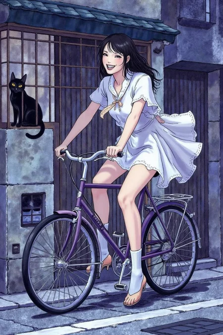 itacomic1 illustration. A Japanese school girl riding a old style bicycle through a narrow, quiet street at night. The happy woman wears a simple, flowing dress. In the corner, a small black cat with piercing eyes sits watching her quietly. The mood is tranquil and slightly magical. Soft lighting, deep blue tones, detailed shading, ethereal, cinematic composition <lora:itacomic_mima3_fl_d4a2e8:1.0><lora:800890063866037732:0>
