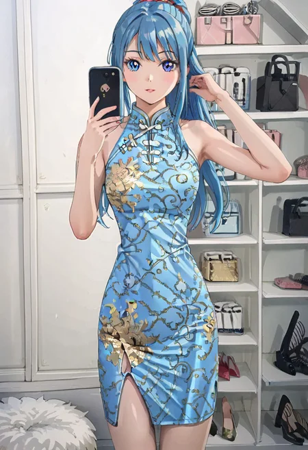 image with excellent quality, very detailed image, 1 girl, cute face, solo, blue eyes, detailed pupils, long hair, blue hair, ponytail, bun, (qipao, shiny clothing, satin dress, Chinese dress, light blue dress, printed dress, gold print, Chinese clothing, bare shoulders, leg slit), standing, holding phone, telephone, cell phone, selfie, smartphone, indoors, white bedroom