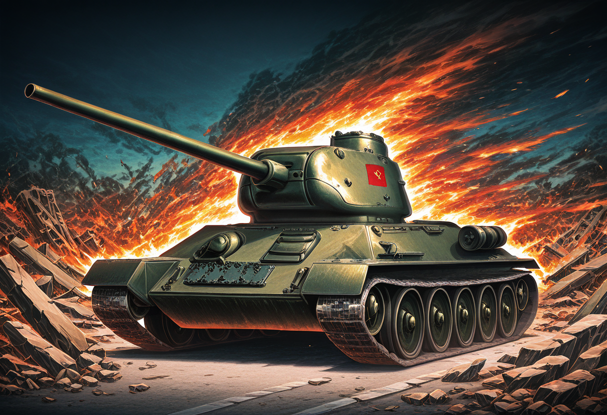 Graphic Design, color art, vibrant colors, colorful, intricate details, high contrast, detailed background, beautiful detailed, newest, new, t3485, no humans, tank, military vehicle, vehicle focus, street, ruins, cinematic lighting, dark, debris, fire, smoke,