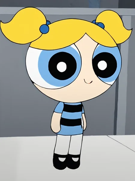 score_9, score_8_up, score_7_up, score_6_up, BREAK, PowBubbl3s, 1girl, solo, chibi, blonde hair, twintails, blue shirt, striped shirt , white pantyhose, black footwear, <lora:Bubbles:1>