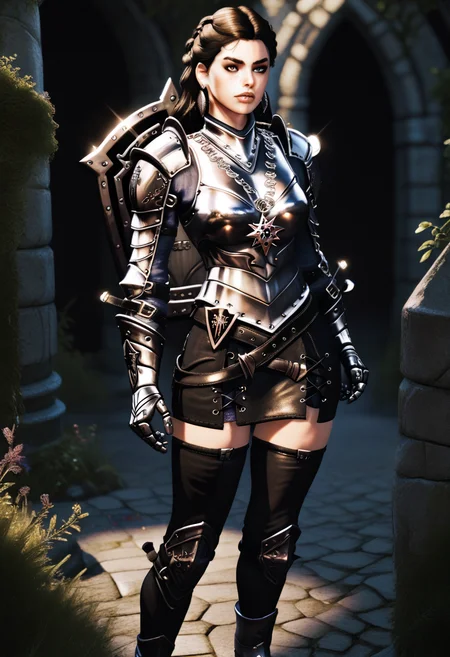 score_9, score_8_up, score_7_up,
1girl, solo,
<lora:Dark_DarkKnight_Pony_v1.0:0.75> d4rkkn1ght, armor, skirt, gauntlets, thighhighs, boots, shield, earrings,