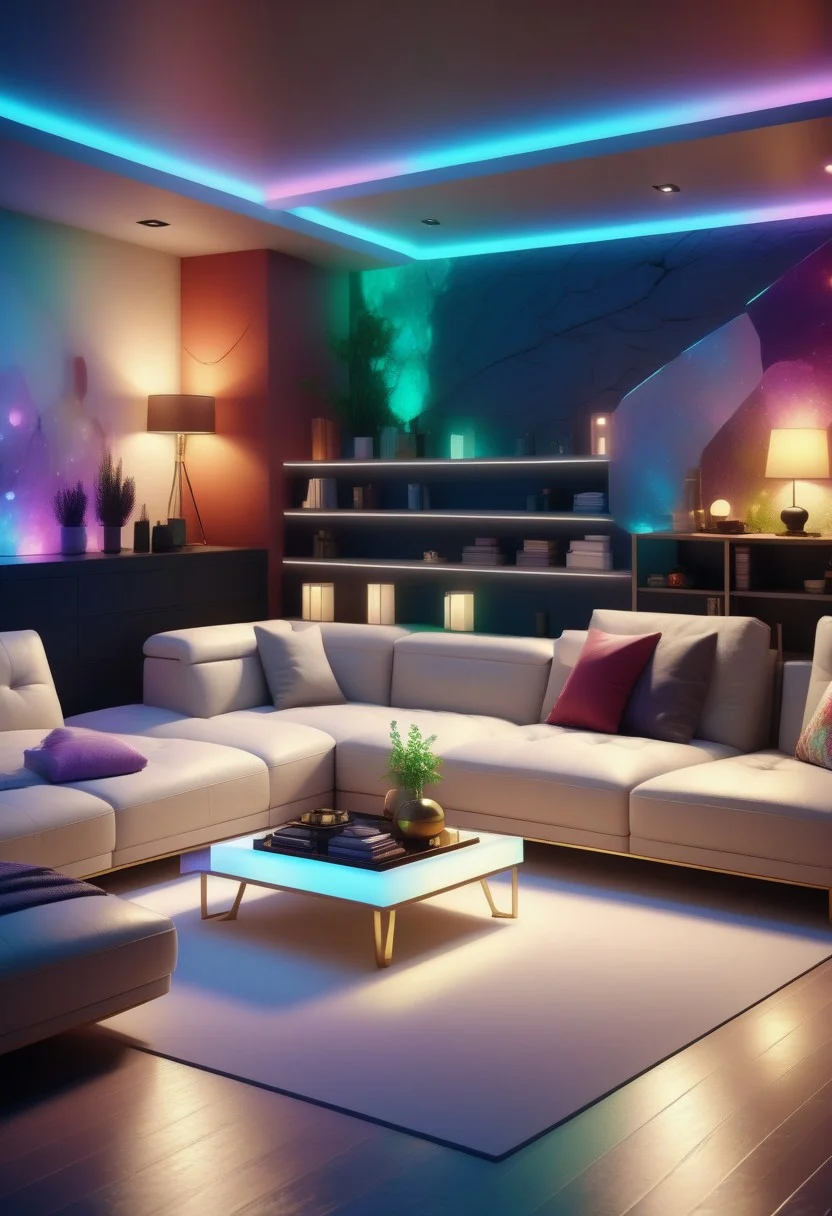 a Jed-Modern basement, decorated with multicolored Jed-Auquartz ,masterpiece, full of details,ambient light, photorealistic, sharp and in focus