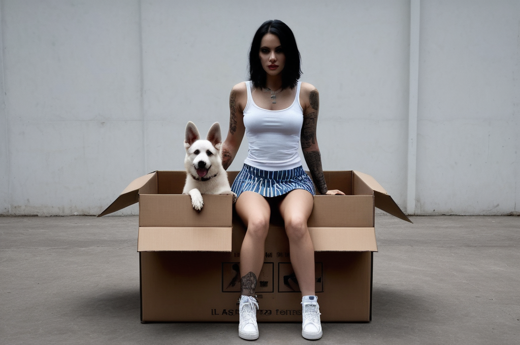  Dark Beauty, imagine a world where there is a box, inside that box is a beautiful woman with black hair with white stripes, pasty white face, tattoos, short tank top, mini-skirt, blue shoes, with a white german sheppard, hd, 4K