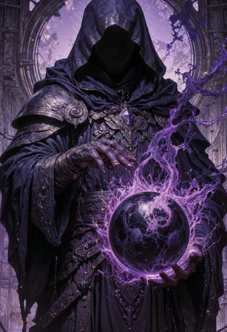 a mysterious hooded figure. The figure is cloaked in dark, flowing robes with intricate silver patterns and armor-like embellishments. The hood obscures the face, adding to the enigmatic aura. The skin color is not visible due to the shadowed hood. The figure is positioned centrally, with one arm extended, holding a swirling, dark orb that emits wisps of purple and black energy. The background is a blend of dark purples and blacks, creating a mystical and ominous atmosphere. The overall composition is dynamic, with the robes and energy creating a sense of movement. The color palette is dominated by shades of purple, black, and silver, enhancing the magical and otherworldly theme of the artwork. <lora:FluxMythG0thicL1nes:0.6> <lora:FluxMythR3alisticF:0.5> <lora:RetroAnimeFluxV1:0.6> <lora:OB半写实肖像画V2.0:0.6>