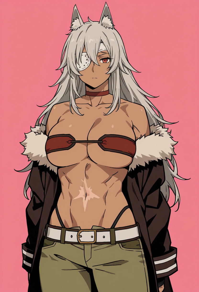 masterpiece, best quality,
1girl, solo, cowboy shot,
standing,
looking at viewer,
<lora:Ghislaine_Dedoldia:1> Gh1sl41n3D3d0ld14, mature female, animal ears, dark skin, scar on check, scar on stomach,  long hair, hair between eyes, grey hair, large breasts, one-eyed, red eye, eyepatch, muscular female, 
 red choker, fur-trimmed jacket, green pants, belt, navel, underwear, highleg panties, bandeau, collarbone, bare shoulders, 
simple background, pink background,