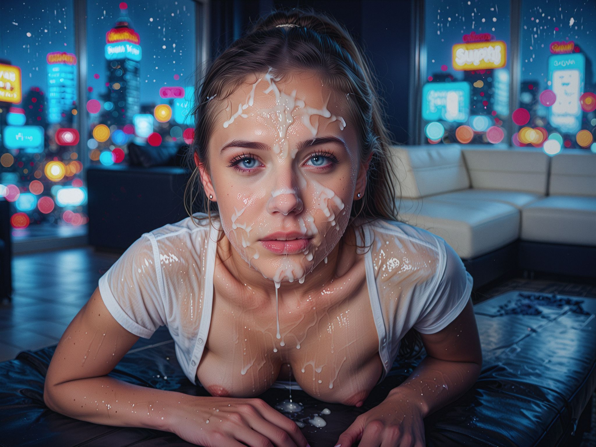 (score_9, score_8_up, score_7_up, rating explicit, (realistic:1.9), best quality, ultra HD quality details, cinematic film still, volumetric lighting:1.9, blurry background, photo background, dark background, backlight, bokeh, shadows, dappled light, full body shot), (1girl, 24 years old, caucasian, cute face, lying, on stomach, legs spread wide open, looking at viewer), (((bukkake:1.8), cum in eyes:1.8, cum, cum on body, cum on breasts:1.8, cum on hair:1.8, cum on mouth, cum in nose, cum on stomach, (facial:1.8), excessive cum:1.8, cumdrip, saliva)), (feet, feet up, tiptoes), (unbuttoned white  wet transparent shirt, silver earrings), (skinny:1.6), (big breast:1.4), (hairless pussy, puffy pussy, long nipples, navel, skinny legs, collarbone, tiny waist, flat stomach, detailed skin, imperfect skin, freckles, white skin, shiny skin, wet skin, brown eyes, brown ponytail, polished fingernails, polished toenails), (indoors, modern luxury apartement, living room,  floor, wet floor, reflections, dark blue background, white couch, big windows, skyscrapers, skyline, neon lights, night, moon)