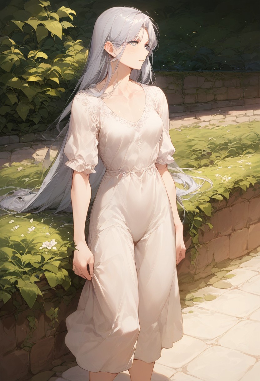score_9, score_8_up, score_7_up, (1girl,solo:1.5), long hair, silver hair, blue eyes,pretty, fit, medium breasts, tall woman, theatre, standing,  (slightly muscular:0.1),(abs outline:0.1),linen dress