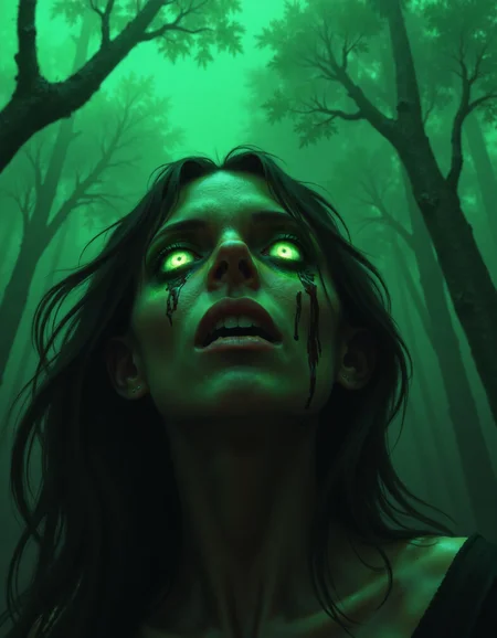 zavy-psnglw, Close-up shot from a low angle, hauntingly beautiful young woman's face with glowing green eyes oozing a viscous dark liquid, eerie forest setting shrouded in mist, cinematic style with dramatic lighting, dark greens and blacks with neon accents.