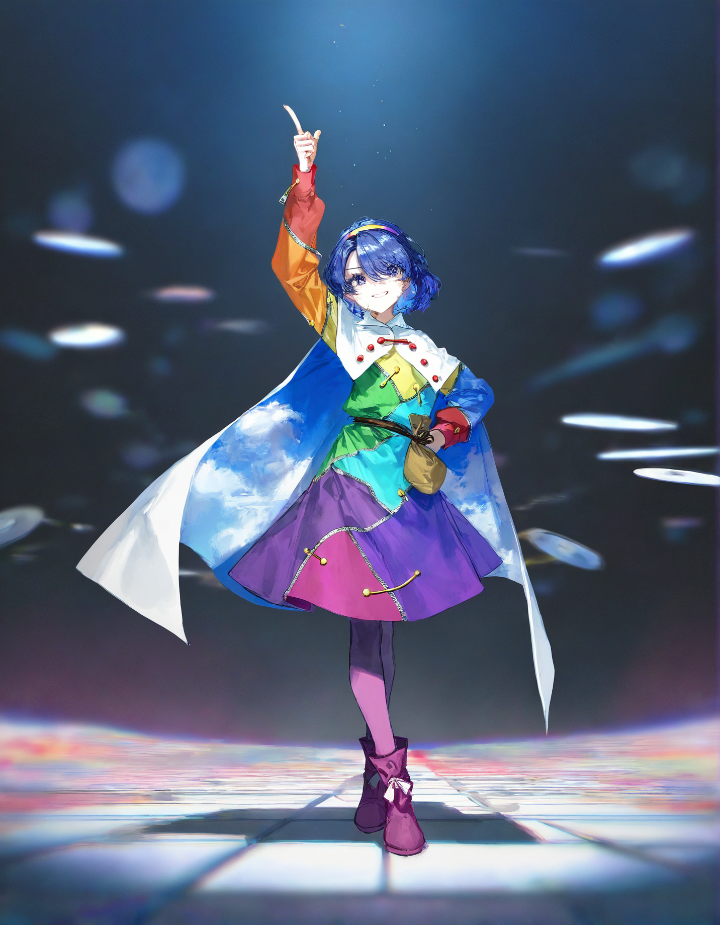 tenkyuu_chimata, 1girl ,rella, quasarcake:0.7, rolua, optical illusion, negative space, saturday_night_fever,blue_hair, breasts, cape, hairband , looking_at_viewer ,multicolored_hairband, pantyhose, purple_eyes ,short_hair ,smile, solo, sweat ,white_cape, disc,  disco,CDs, arm_up , index_finger_raised, outstretched_arm , dance_floor, dancing,wide shot, one hand point to sky one hand point to the ground,hand_on_own_hip,
<lora:illustrious_noobai_epsilon_pred_1_best_quality_v1:0.7> ,<lora:illustrious_noobai_epsilon_pred_1_masterpieces_v1:0.7>, <lora:ponyv4_noob1_2_adamW:0.5>, <lora:add_details_xl:0.7>, <lora:CDs_SDXL:1>,
masterpiece, best quality, amazing quality, very aesthetic, absurdres, newest,