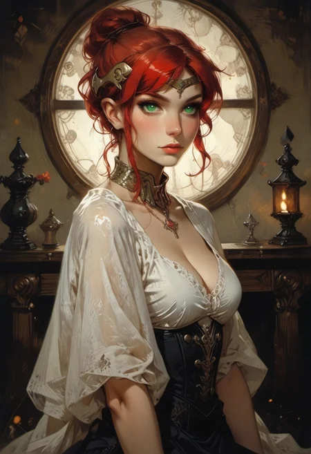score_9, score_8_up, score_7_up, ((waist-up portrait, kneeling, face focus, eye focus, dynamic angle, motion)), 1girl, fantasy, (ph4nt0m01l), (Tarot Card Style), (pyrrha nikos), (red hair, green eyes), greek armor, breathless intimacy, tanned skin, petite model bombshell, heart, young, delicate features, narrow pointy nose, tiny nose, brown hair, medium length hair, bob cut, lust, big eyes, seductive eyes, blue eyes, detailed skin, flared lashes, mascara, makeup, perky medium breasts, athletic body, narrow waist, skinny hips,
warm light, detailed, neon dark party, candles, ((occult))
BREAK
milky way, runes, arcane, astral, surreal, ethereal glow, masterpiece, best quality, intricate design. colorful, moonlit nightsky, stained glass aesthetic, moody whimsical color palette, murano glass, bold soldering lines, volumetric light shining through, crepuscular rays, intricate craftsmanship, detailed texture, luminous transparency, reflective light play, vivid hues, atmospheric depth, enchanting silhouette, art nouveau,