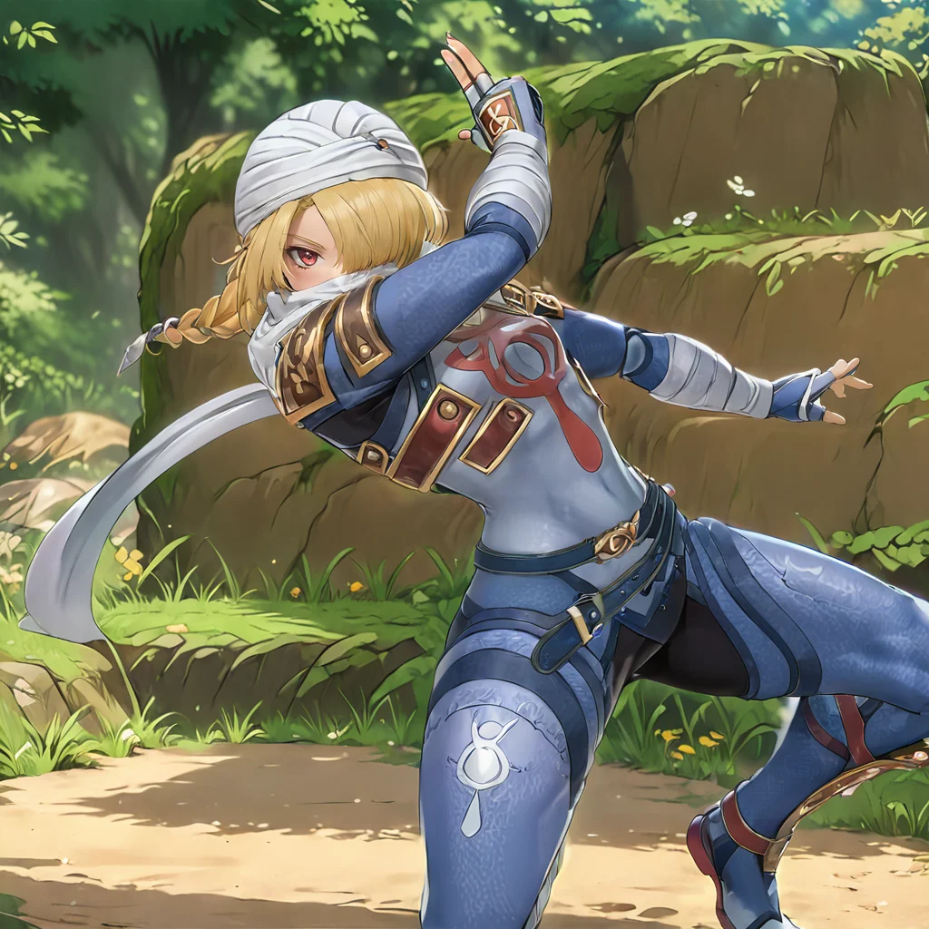 1girl, blonde hair, pose, red eyes, blue outfit, <lora:SheikXL:.9>, (anime, masterpiece, intricate:1.3), (best quality, hires textures, high detail:1.2), (4k),(incredibly detailed:1.4),UHD, 8K, ultra detailed
