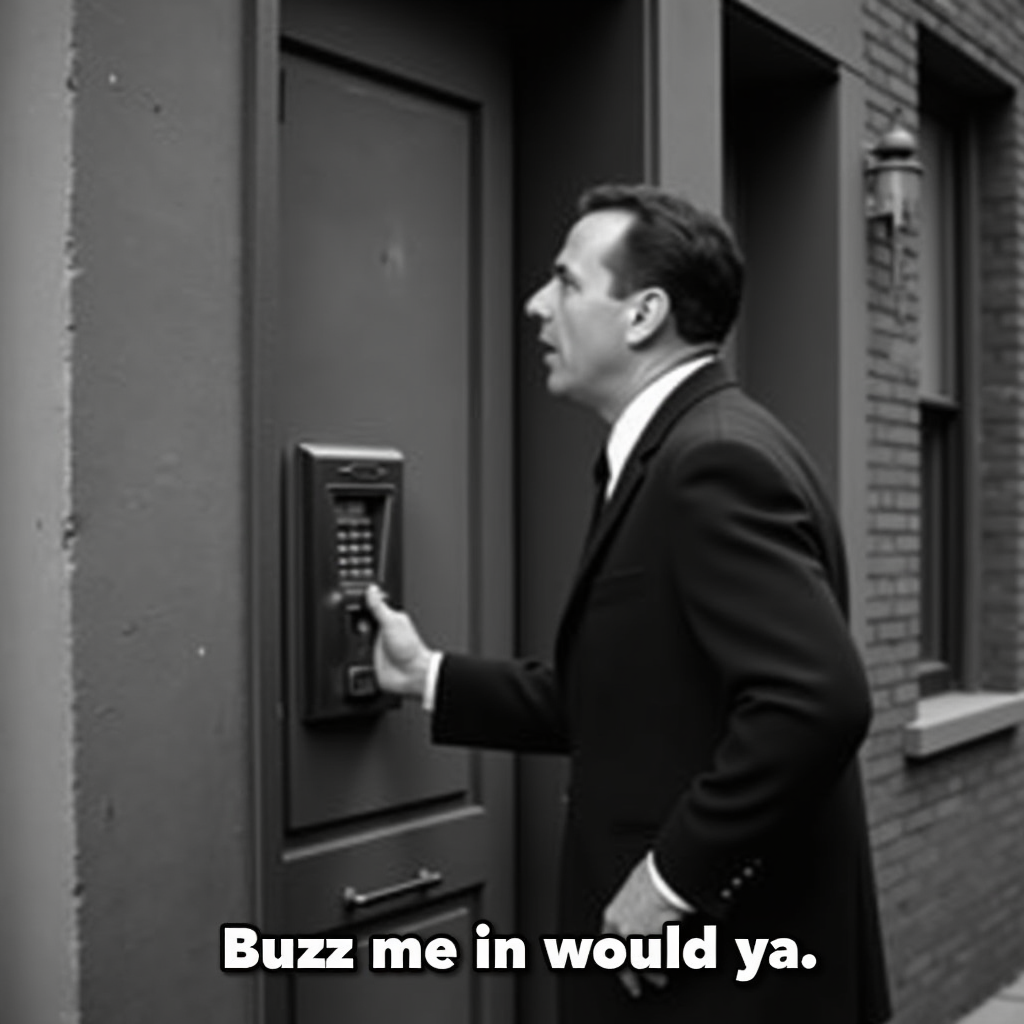 a 1950s black and white photo of a man standing at the door of an apartment building in New York city talking to the intercom. There is a white subtitle text at the bottom that reads "Buzz me in would ya."