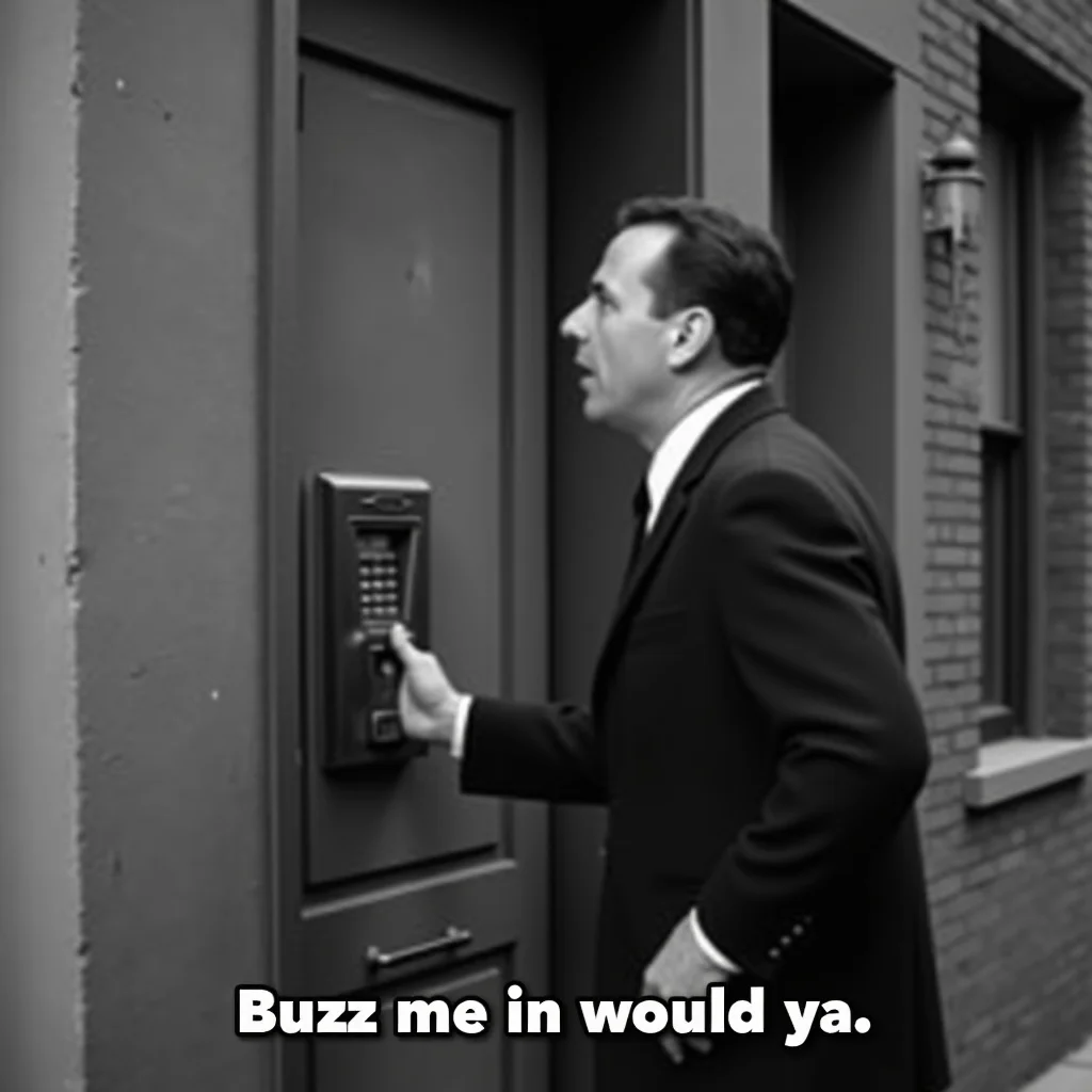 a 1950s black and white photo of a man standing at the door of an apartment building in New York city talking to the intercom. There is a white subtitle text at the bottom that reads "Buzz me in would ya."