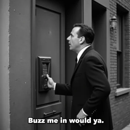 a 1950s black and white photo of a man standing at the door of an apartment building in New York city talking to the intercom. There is a white subtitle text at the bottom that reads "Buzz me in would ya."