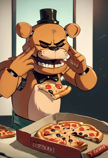 score_9, score_8_up, score_7_up, ManLevitatingPizzaMeme, pizza, pizza box, pizza slice, freddy, closed eyes, angry