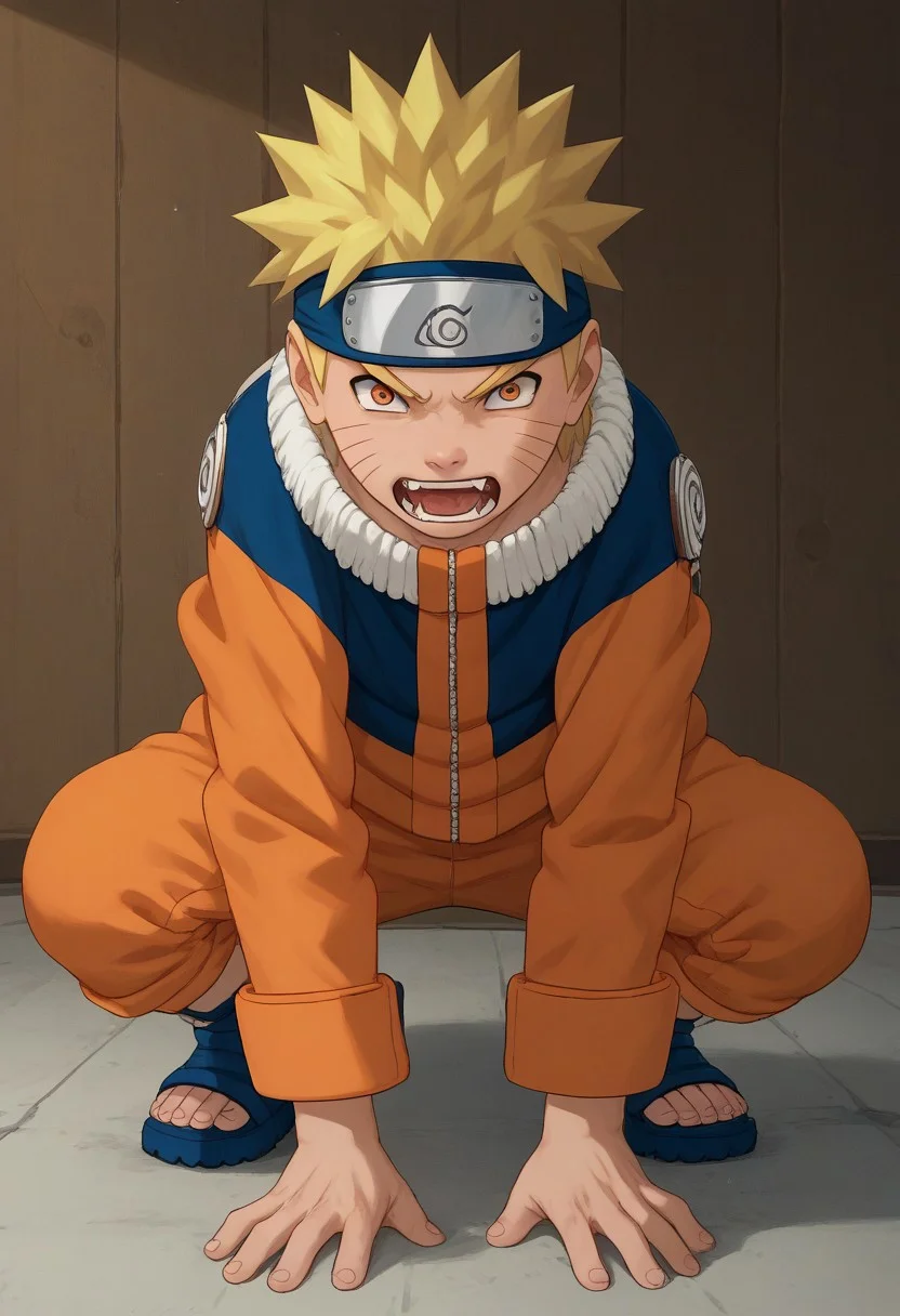 score_9, score_8_up, score_7_up, highly detailed, cute boy, 1boy, solo, male focus, uzumaki naruto, 1boy, blonde hair, spiked hair, orange eyes, whisker markings, facial mark, forehead protector, angry, orange aura, clawed hands, fangs, feral, saliva, crouching, on all fours