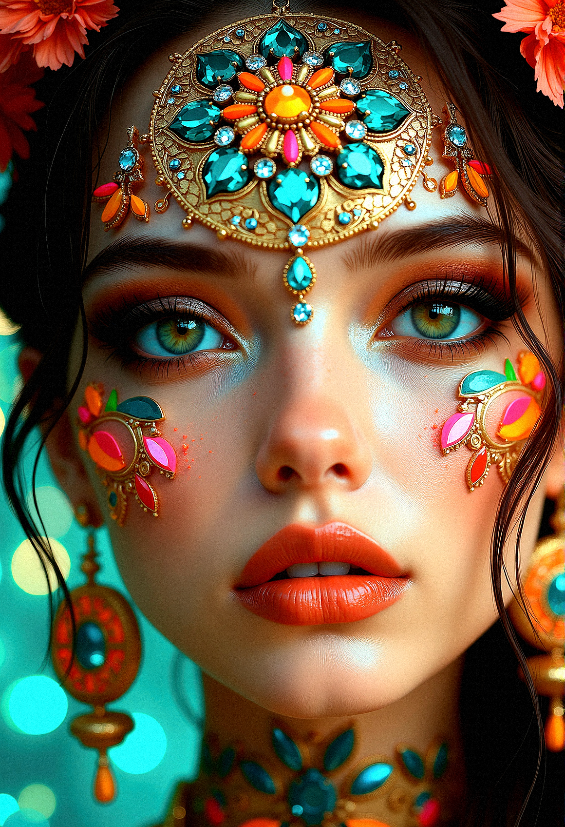 Imagine a surreal close-up of a woman whose face is an elaborate canvas of vivid colors and intricate patterns. At the center of her forehead is a large mandala, woven with floral motifs and encrusted with multicolored gemstones that shine softly under the lights. Her eyes, a deep green, are accentuated with bold makeup that mirrors the colors of the mandala, blending harmoniously with the facial art extending across her cheeks and neck. Her lips are a lustrous copper shade, providing a warm, earthy contrast. She wears large earrings that match the mandala’s pattern, filled with details and sparkling gemstones. The background is a blurred bokeh of golden and teal lights, enhancing the photorealistic detail of the facial art and capturing the ethereal aura of the scene. The close-up captures every fine element—from the glow of the gemstones to the shadows within the patterns—creating a captivating visual that feels both magical and tangible.
