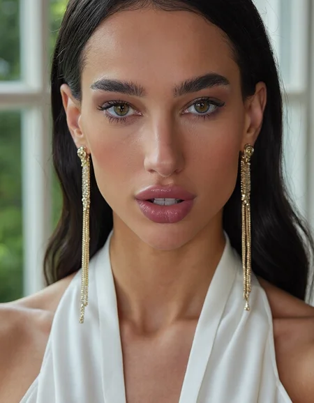 The reflective surfaces of her earrings and outfit create a dynamic interplay with the environment, emphasizing her sleek presence. The minimalist background allows the viewer to focus on her eye-catching fashion and makeup. Captured with a Sony A7R IV camera and a 50mm f/1.2 G Master lens for a beauty editorial shoot, this composition highlights her fashion-forward aesthetic. Inspired by avant-garde fashion photography from Sølve Sundsbø, this image blends contemporary fashion and minimalist elegance, embodying mythp0rt and niji_flux styles for a sleek, high-fashion vision. ((portrait))