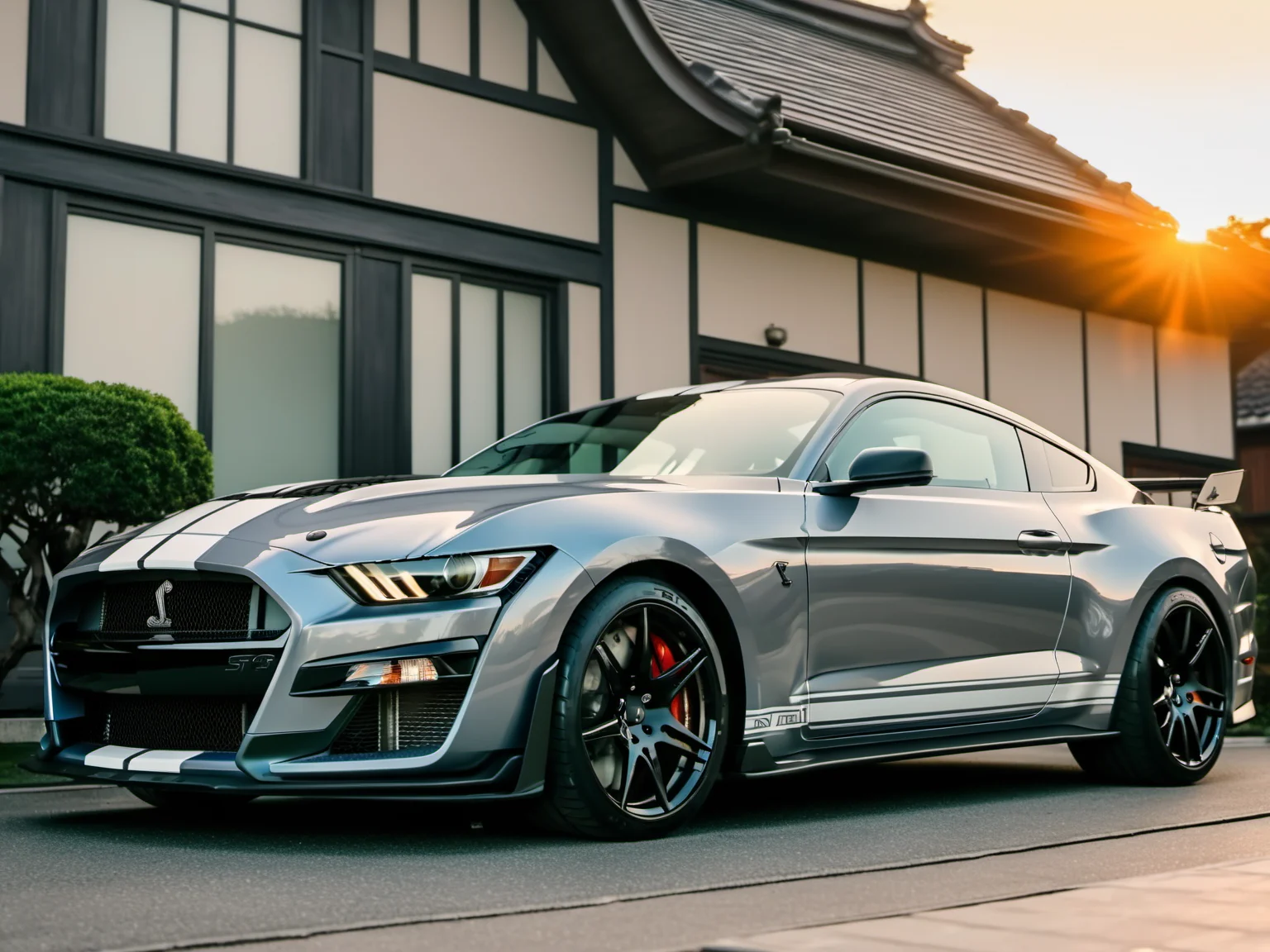 a closeup photo of mstgsgt500 car parked in front of a beautiful house in Tokyo city, sunset, hdr, 8k, ultra high-res, movie picture still-frame<lora:mstgsgt500_car_t02_SDXL-000010:0.7>